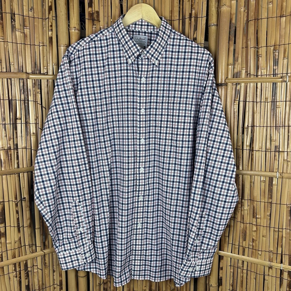 LL BEAN Traditional Fit Red Wht Blue Plaid Long Sleeve Button Men's Shirt Large - Picture 1 of 15